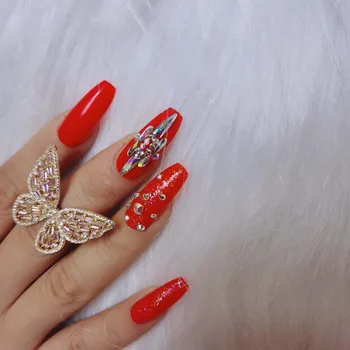 24pcs high-end divat kézzel készített kristály gyémánt hosszú lapos műköröm piros 2