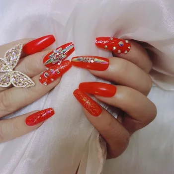 24pcs high-end divat kézzel készített kristály gyémánt hosszú lapos műköröm piros 4