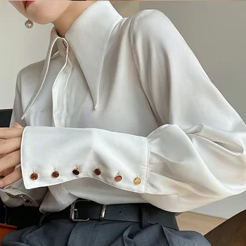 Szatén ing, női hosszú ujjú 2021 őszi új stílus, divat, design, éles gallér felső francia ing koreai divat női felsők