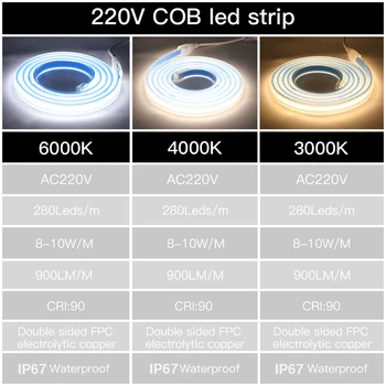 COB LED Szalag AC 220V IP67 Vízálló, Nagy Sűrűségű CRI 90 3000K 4000K 6000K Rugalmas Szalag, Kötél, LED Kültéri Dekoráció 2