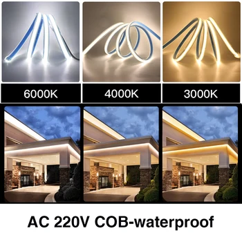 COB LED Szalag AC 220V IP67 Vízálló, Nagy Sűrűségű CRI 90 3000K 4000K 6000K Rugalmas Szalag, Kötél, LED Kültéri Dekoráció 3