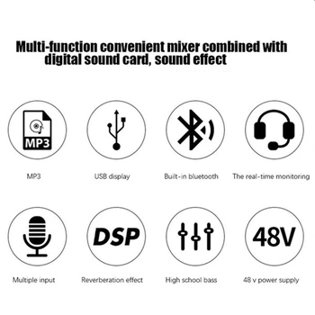 Hangkártya Audio Mixer hangkártya Konzol Asztal Rendszer Interfész, 8 Csatornás, USB-Bluetooth-48V Teljesítmény Sztereó (EU-Csatlakozó) 4