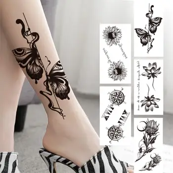 3D Pillangó Ideiglenes Tetoválás A Nők a Férfiak Felnőtt Fekete Iránytű Lótusz Virág Tetoválás Matrica Hamis Szexi Víz Transzfer Tetkóimat Láb