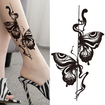 3D Pillangó Ideiglenes Tetoválás A Nők a Férfiak Felnőtt Fekete Iránytű Lótusz Virág Tetoválás Matrica Hamis Szexi Víz Transzfer Tetkóimat Láb 1