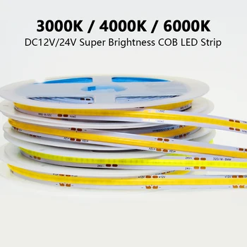 COB LED Csík 12 24 V V 320 384 528 Led-ek Nagy Sűrűségű RA90 3000K 4000K 6000K Rugalmas COB LED DC 12V 24V Szalag 5m/sok 1