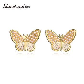 Shineland Új koreai Luxus Szimulált Gyöngy Pillangó Zománc Fülbevaló Vintage Kis Arany Színű Fém Brincos a Nők Ajándék