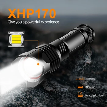 XHP170 Szuper Fényes Taktikai LED Lámpa USB újratölthető Erős Lámpás XHP100 Led fáklyás munka lámpa kültéri világítás