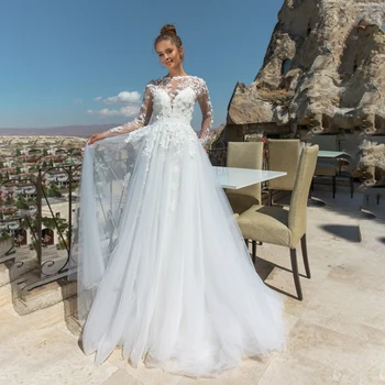 Scoop Nyak 3D Csipke Virágos Aqqlique Hosszú Ujjú Esküvői Ruha Nyitva Vissza Elegáns Tüll Menyasszonyi Ruha vestido de noiva barato