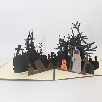 3D Lézer Vágott Kézzel készített Furcsa Szellem Csontváz Terror Város Papír, Meghívó, üdvözlőlap Csokit vagy Csalunk Halloween Party Gyerekeknek Ajándék