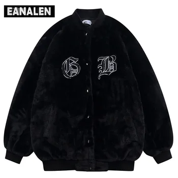 Harajuku vintage fekete hímzett betűkkel bélelt dzseki férfi parka kabát plusz pamut streetwear vastag kabát baseball dzseki meleg 0