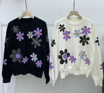 2021 Ősszel, Télen Gyapjú Pulóver Nők Pullovers Fekete Fehér Virágos Özönlött Alkalmi Pulóver Jersey Divat Streetwear koreai inek 0