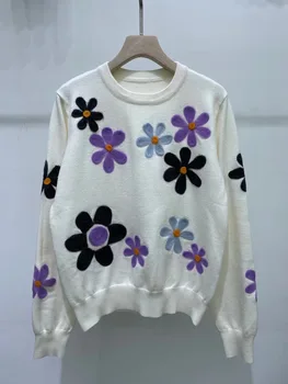 2021 Ősszel, Télen Gyapjú Pulóver Nők Pullovers Fekete Fehér Virágos Özönlött Alkalmi Pulóver Jersey Divat Streetwear koreai inek 1