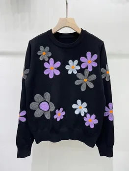 2021 Ősszel, Télen Gyapjú Pulóver Nők Pullovers Fekete Fehér Virágos Özönlött Alkalmi Pulóver Jersey Divat Streetwear koreai inek 3