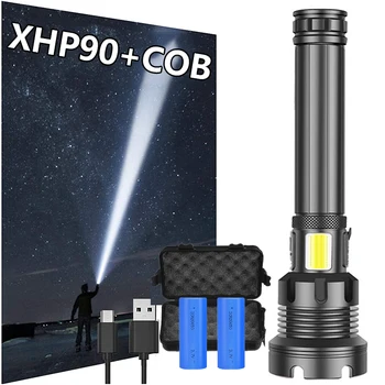 Legfényesebb XHP90 LED-es elemlámpa speciális alumínium ötvözet fáklya használata 18650 26650 kültéri XHP90+COB 7 módok erős lámpa