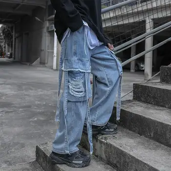 HOUZHOU Harajuku Streetwear Túlméretes Zsebbel Kék Farmer Nők Grunge Hip-Hop Laza Fekete Rakomány Farmer Nadrág Széles Láb Nadrág