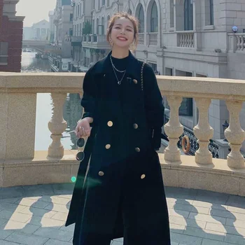 Új Divat Hepburn Stílus High-End Légkör Fekete Tweed Kabát Női Középső Hosszú Téli Új Térd Vastag Gyapjú Kabát 2