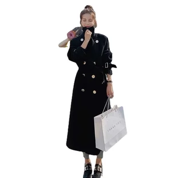 Új Divat Hepburn Stílus High-End Légkör Fekete Tweed Kabát Női Középső Hosszú Téli Új Térd Vastag Gyapjú Kabát 4