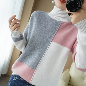 őszi-téli új kasmír pulóver, női garbó pulóver 100% tiszta gyapjú varrás vékony, vastag, kötött nagy méretű felső 0
