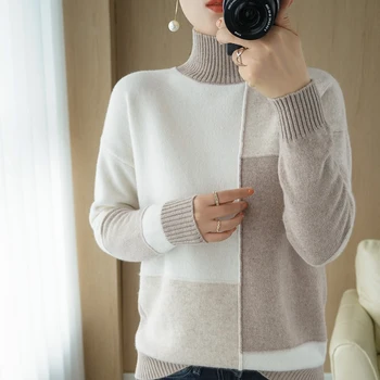 őszi-téli új kasmír pulóver, női garbó pulóver 100% tiszta gyapjú varrás vékony, vastag, kötött nagy méretű felső 3