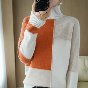 őszi-téli új kasmír pulóver, női garbó pulóver 100% tiszta gyapjú varrás vékony, vastag, kötött nagy méretű felső 4