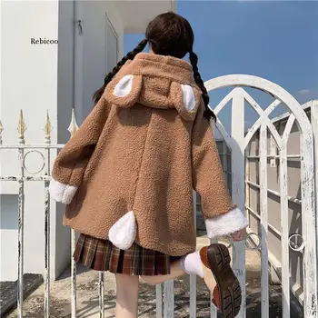 Aranyos Gyapjú Szövet Kabát Lányos Japán Aranyos Maci Füle Puha Lány Teddy Kabát Női 2020 Új Téli Meleg Műszőrme Felsőruházat Aranyos