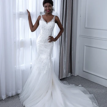 Miaoduo Hableány Fehér Esküvői Ruhák Nőknek 2022 V-Nyakú, Ujjatlan Afrikai Ruha brautkleid Csipke vestidos de noiva sereia 1