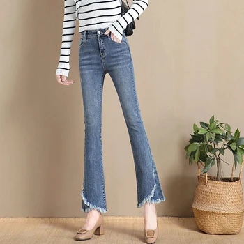 Elegáns Tassel Design Slim Jeans Női koreai Magas Derék Nők Flare Farmer 2022 Új Utca Vékony Harang Aljú Farmer Nadrág 0