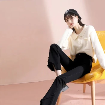 Elegáns Tassel Design Slim Jeans Női koreai Magas Derék Nők Flare Farmer 2022 Új Utca Vékony Harang Aljú Farmer Nadrág 4