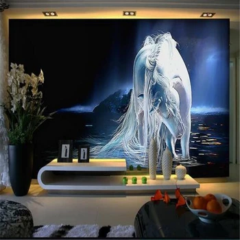 beibehang egyedi falfestmény, selyem szövet fali matrica 3d-s Fehér ló háttér fal által folyó festmény, fotó, 3d-s fal falfestmények háttérkép