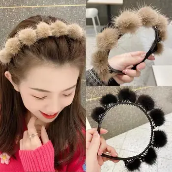 Új Női Divatos Fonott Hairbands Headhoop A Lány Kedves, Aranyos, Téli Puha Plüss Labda HairHoop Fejfedőt Haj Tartozékok
