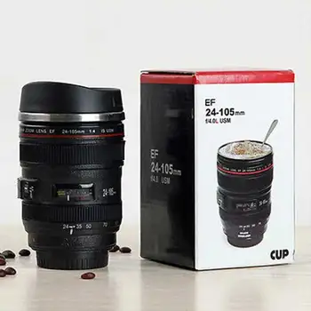 Új 24-105MM Objektívvel TERMOSZ Kamera Utazási Kávé, Tea Csésze Bögre Lencse Kreatív Kupa Rozsdamentes Acél Csiszolt Bélés Fekete