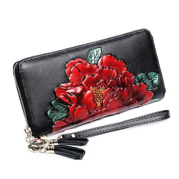 virágos női bőr pénztárca hosszú valódi bőr pénztárca női dupla cipzár női táska nagy kapacitású telefon táska