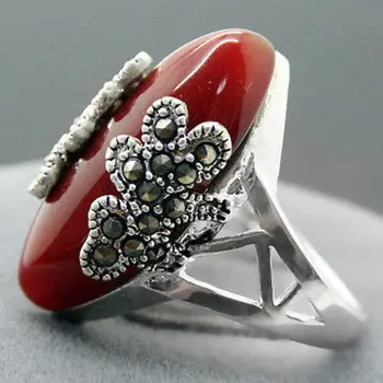 Gyönyörű Marcasite 925 vörös korall ékszer sterling ezüst gyűrű mérete 6-9