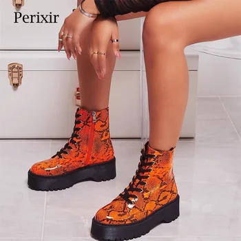 Őszi Téli Boka Csizma Női Rövid Lapos Platform Csizma Neon Narancs Kígyó Print Női Cipő Kerek Talpig Csipke-up Női Cipő 5cm 1