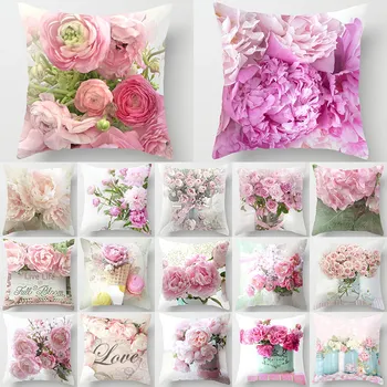 Rózsaszín Virág Mintás Dekoratív Párnák Párnahuzat Poliészter Párnahuzat Párnát Kanapé Dekoráció Pillowcover 40827