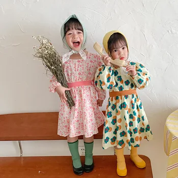 A koreai gyermekek kis virág nyomtatás lány ruha derék záró hosszú ujjú szín hercegnő ruha gyermek ruha
