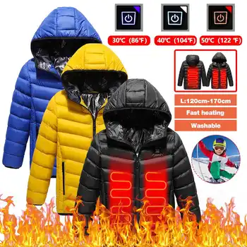 170CM Fűthető Kabát, Gyerekek, Gyerekek USB Melegebb Okos 3s Fűtött Téli Kapucnis Fűtött Hosszú Kabát Motorozás Kemping Síelés Kabát