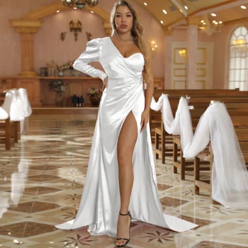 Szilveszter Esik 2021 Hosszú Ujjú Szatén Teljes Hossza Magas Elvágta Egy Váll Estélyi Ruhák Rakott Báli Ruhák Esküvői Vestidos 2