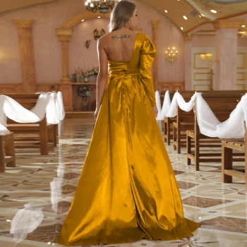 Szilveszter Esik 2021 Hosszú Ujjú Szatén Teljes Hossza Magas Elvágta Egy Váll Estélyi Ruhák Rakott Báli Ruhák Esküvői Vestidos 5