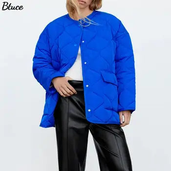2021 Za Nők Kék Zubbonyok O Nyakú Hosszú Ujjú Pamut, bélelt Kabátok Női Téli Alkalmi Laza Gombok Vintage Kabátok