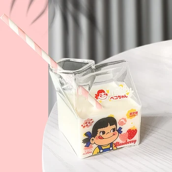 Aranyos tér tejesdoboz-kupa magas boroszilikát átlátszó üveg pohár kreatív mikrohullámú sütőben tej reggeli csésze ajándék ins fotó