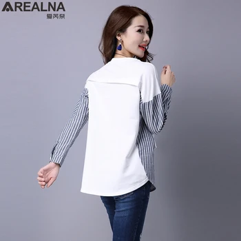 AREALNA őszi koreai Póló női felsők Hosszú Ujjú Alkalmi ingek Vintage csík Varrás Hamis Két Darab Női Blúzok blusas 1