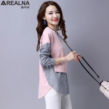 AREALNA őszi koreai Póló női felsők Hosszú Ujjú Alkalmi ingek Vintage csík Varrás Hamis Két Darab Női Blúzok blusas 3