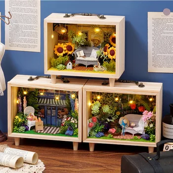 Fa DIY Babaház Kit Össze Miniatűr Bútorok Casa Fény babaház Napraforgó Pékség Bolt Roombox Játékok Felnőtteknek Ajándék