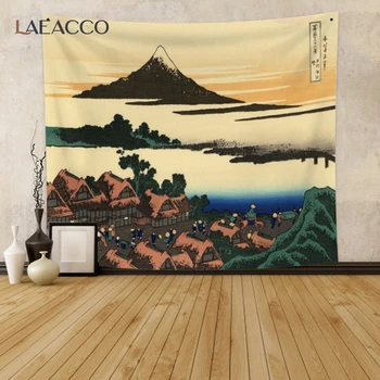 Laeacco Japán Stílusú Klasszikus Fuji Nyomtatott Gobelin Modern Absztrakt Táj Falikárpitok Nappali Dekor Poliészter