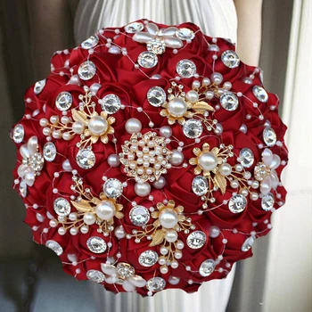 1db/sok Piros Szalag a menyasszony kezében virág gyöngy esküvői dekoráció