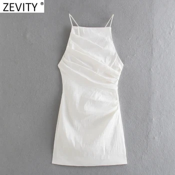 Zevity 2021 Nők Szexi Berakás Design Fehér Parittya Mini Ruha Női Elegáns Nyári Spagetti Pánt Backless Slim Strand Vestido DS8608