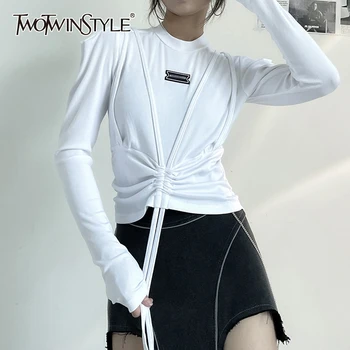 TWOTWINSTYLE Fehér Alkalmi Húzózsinórral Slim Női T-shirt Állvány Gallér, Hosszú Ujjú koreai Divat Szabálytalan póló Női 2021