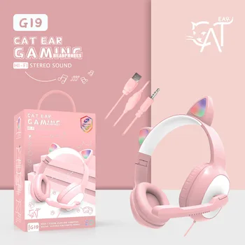 G19 Rózsaszín Macska Fülét Aranyos Lány Gaming Headset Mikrofon zajcsökkentési Sztereó Zene RGB Vaku Vezetékes fejhallgató-Új Termék