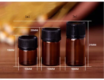 100 1ml 2ml Amber Injekciós Üveg,két belső csatlakozók Sötét Khaki Mini illóolaj Palack Nyílás Szűkítő & Fekete Sapka 3